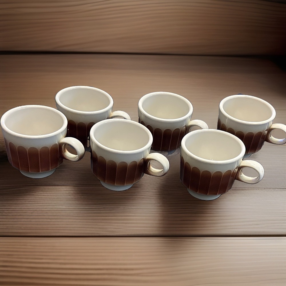 Vintage Mayer China Brown Fluted Scalloped Coffee Cups Set of 6 MCM 1974 Cottage